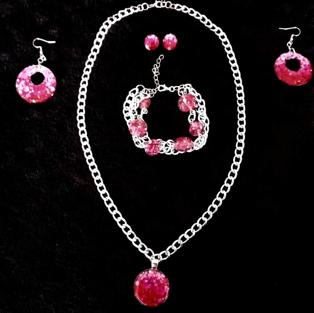 4 pc. Pink Red and Silver Jewelry Set